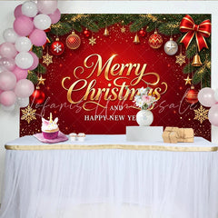 Lofaris Red and Gold Merry Christmas and Happy New Year Backdrop Festive Pine Branches and Glitter Background for Holiday Parties