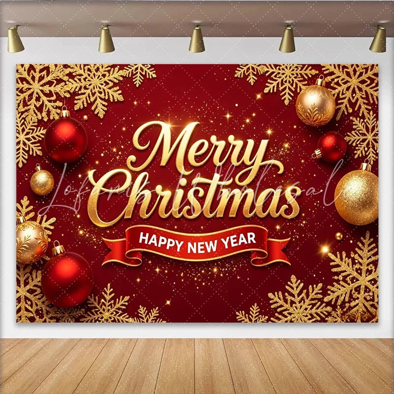 Lofaris Red and Gold Merry Christmas Happy New Year Backdrop Festive Holiday Decor for Winter Celebration Photoshoot