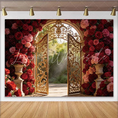 Lofaris Red and Pink Rose Photography Backdrop with Golden Gate Luxurious Studio Background for Romantic Portrait