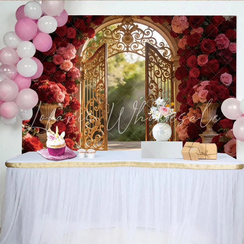 Lofaris Red and Pink Rose Photography Backdrop with Golden Gate Luxurious Studio Background for Romantic Portrait
