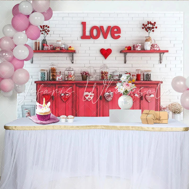 Lofaris Red and White Brick Wall Love Heart Party Backdrop Romantic Valentine’s Day Wedding Anniversary Decor