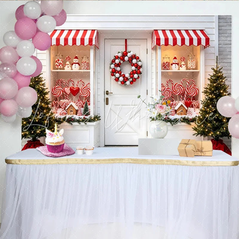 Lofaris Red and White Christmas Candy Shop Backdrop with Festive Wreath Sweet Candy Cane Gingerbread House Background for Holiday Photos