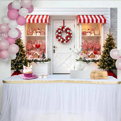 Lofaris Red and White Christmas Candy Shop Backdrop with Festive Wreath Sweet Candy Cane Gingerbread House Background for Holiday Photos