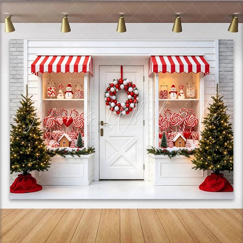 Lofaris Red and White Christmas Candy Shop Backdrop with Festive Wreath Sweet Candy Cane Gingerbread House Background for Holiday Photos