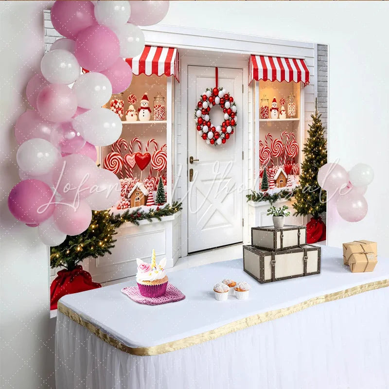 Lofaris Red and White Christmas Candy Shop Backdrop with Festive Wreath Sweet Candy Cane Gingerbread House Background for Holiday Photos