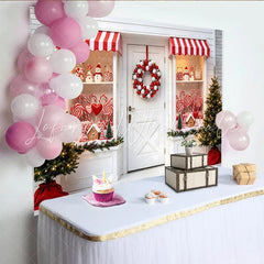 Lofaris Red and White Christmas Candy Shop Backdrop with Festive Wreath Sweet Candy Cane Gingerbread House Background for Holiday Photos