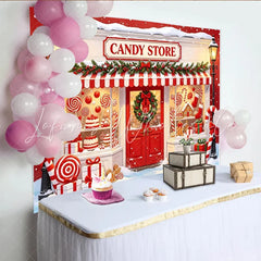 Lofaris Red and White Christmas Candy Store Backdrop with Snow Gingerbread and Lollipops Background for Holiday Party Photography
