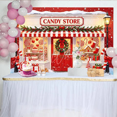 Lofaris Red and White Christmas Candy Store Backdrop with Snow Gingerbread and Lollipops Background for Holiday Party Photography