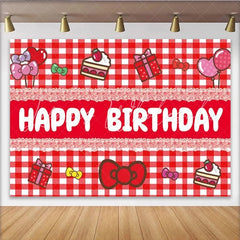 Lofaris Red and White Plaid Happy Birthday Backdrop Cute Bows Gifts and Balloons Party Background