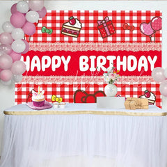 Lofaris Red and White Plaid Happy Birthday Backdrop Cute Bows Gifts and Balloons Party Background
