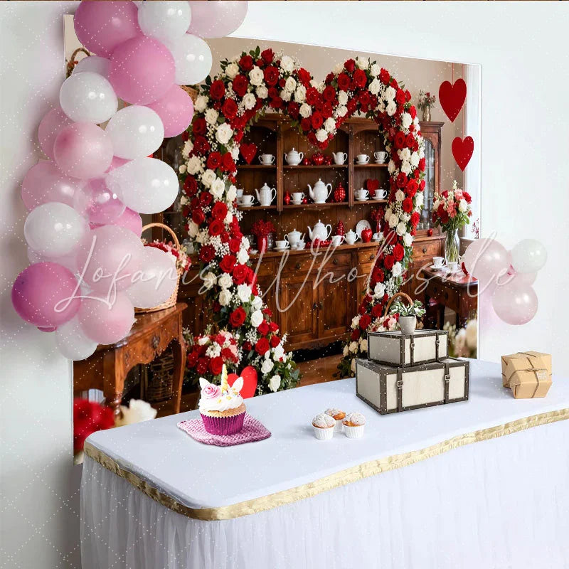 Lofaris Red and White Rose Heart Shaped Floral Arch Party Backdrop Romantic Valentine’s Day Wedding Decor