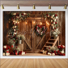 Lofaris Red and White Roses Heart Wreath Rustic Wooden Barn Door Party Backdrop Valentine’s Day Wedding Anniversary Decor