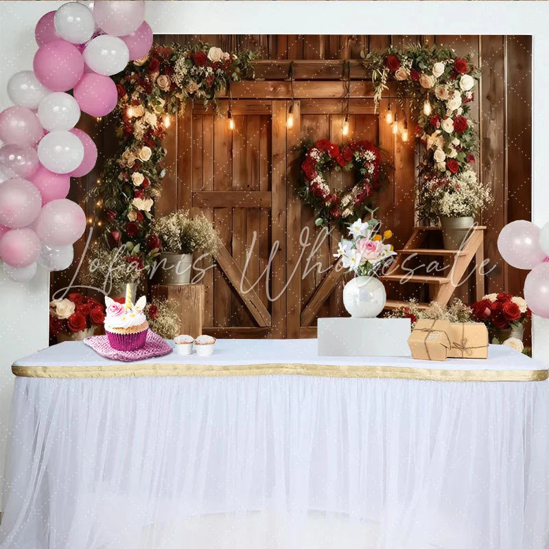 Lofaris Red and White Roses Heart Wreath Rustic Wooden Barn Door Party Backdrop Valentine’s Day Wedding Anniversary Decor