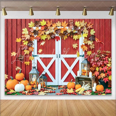Lofaris Red Barn Door Autumn Backdrop with Maple Leaves and Pumpkins Rustic Fall Decor Background for Thanksgiving Harvest Party