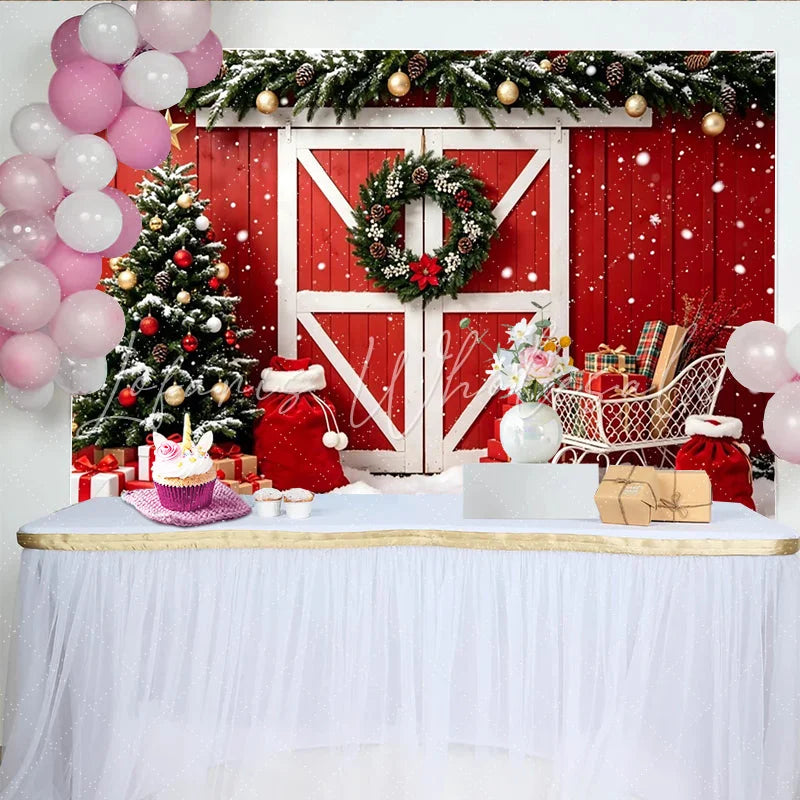 Lofaris Red Barn Door Christmas Backdrop with Snow Decorated Tree and Gifts Festive Winter Holiday Background for Photoshoot and Party Decor