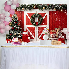 Lofaris Red Barn Door Christmas Backdrop with Snow Decorated Tree and Gifts Festive Winter Holiday Background for Photoshoot and Party Decor