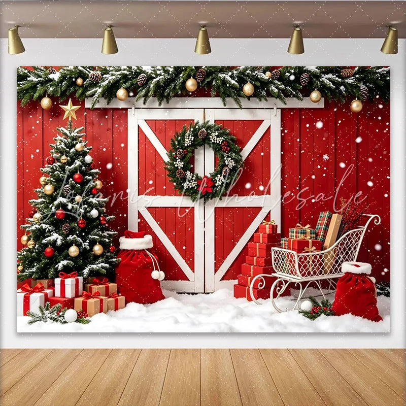 Lofaris Red Barn Door Christmas Backdrop with Snow Decorated Tree and Gifts Festive Winter Holiday Background for Photoshoot and Party Decor