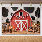 Lofaris Red Barn Western Photography Backdrop with Cow Print Rustic Studio Background for Cowboy Theme Photoshoot