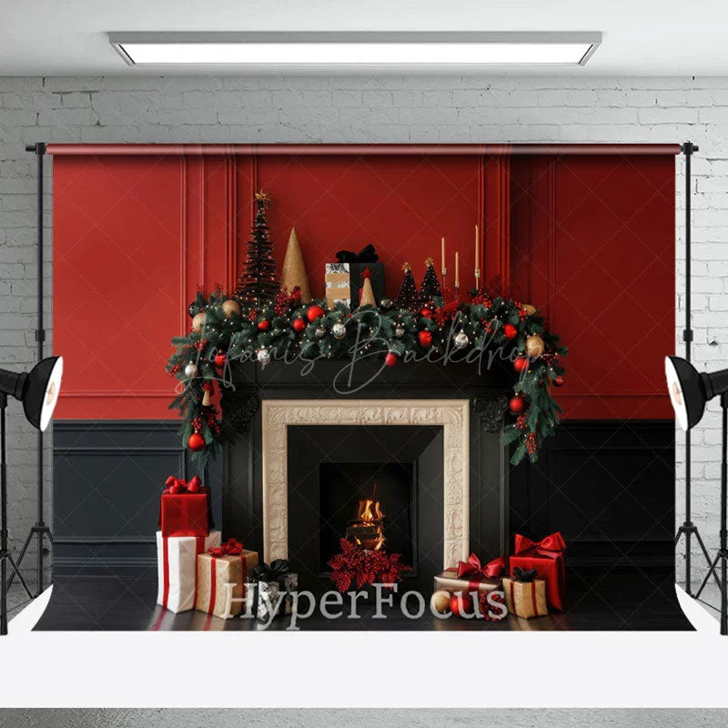 Lofaris Red Black Vintage Wall Fireplace Christmas Backdrop
