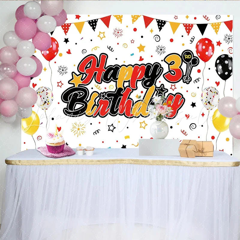 Lofaris Red Black Yellow Happy 3rd Birthday Backdrop with Balloons and Banner Colorful Party Background for Kids Photoshoot Decoration