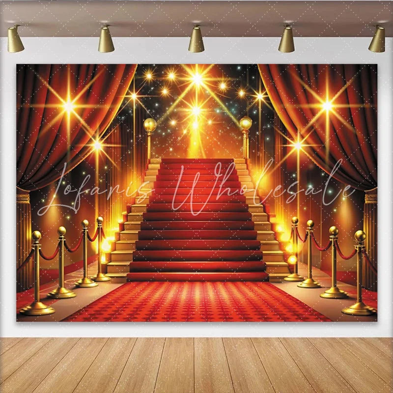 Lofaris Red Carpet Photography Backdrop with Golden Staircase Luxurious Event Background for Awards Party and Studio Photoshoot