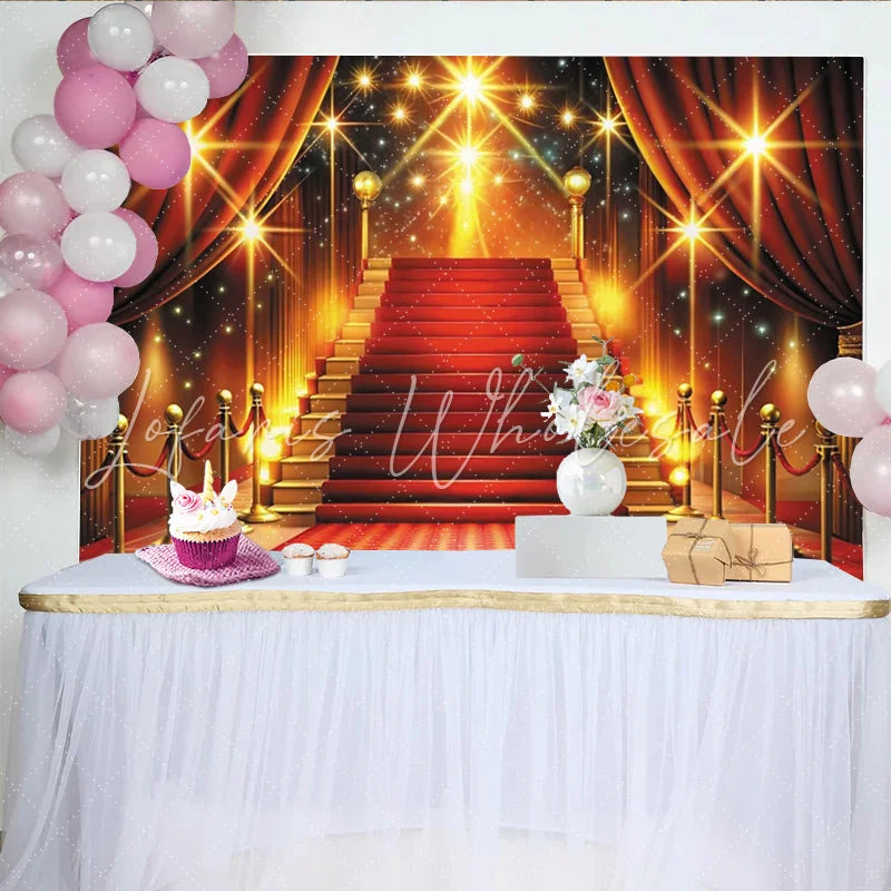 Lofaris Red Carpet Photography Backdrop with Golden Staircase Luxurious Event Background for Awards Party and Studio Photoshoot