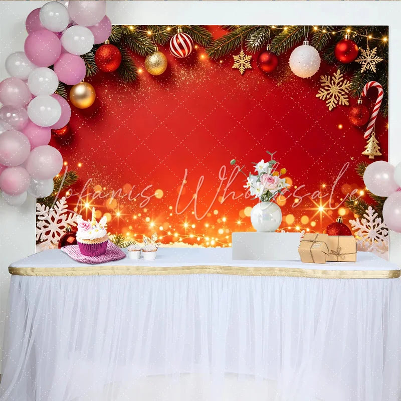 Lofaris Red Christmas Backdrop with Pine Branches Ornaments and Snowflakes Festive Holiday Decor for Winter Party Photography