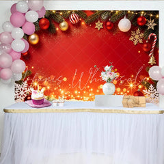 Lofaris Red Christmas Backdrop with Pine Branches Ornaments and Snowflakes Festive Holiday Decor for Winter Party Photography