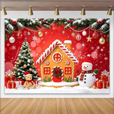 Lofaris Red Christmas Gingerbread House Backdrop with Snowman and Tree Festive Winter Holiday Background for Party Decoration