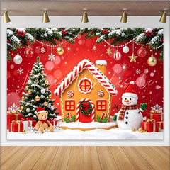 Lofaris Red Christmas Gingerbread House Backdrop with Snowman and Tree Festive Winter Holiday Background for Party Decoration
