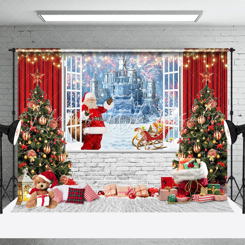 Lofaris Red Curtain Frozen Castle Window Christmas Backdrop