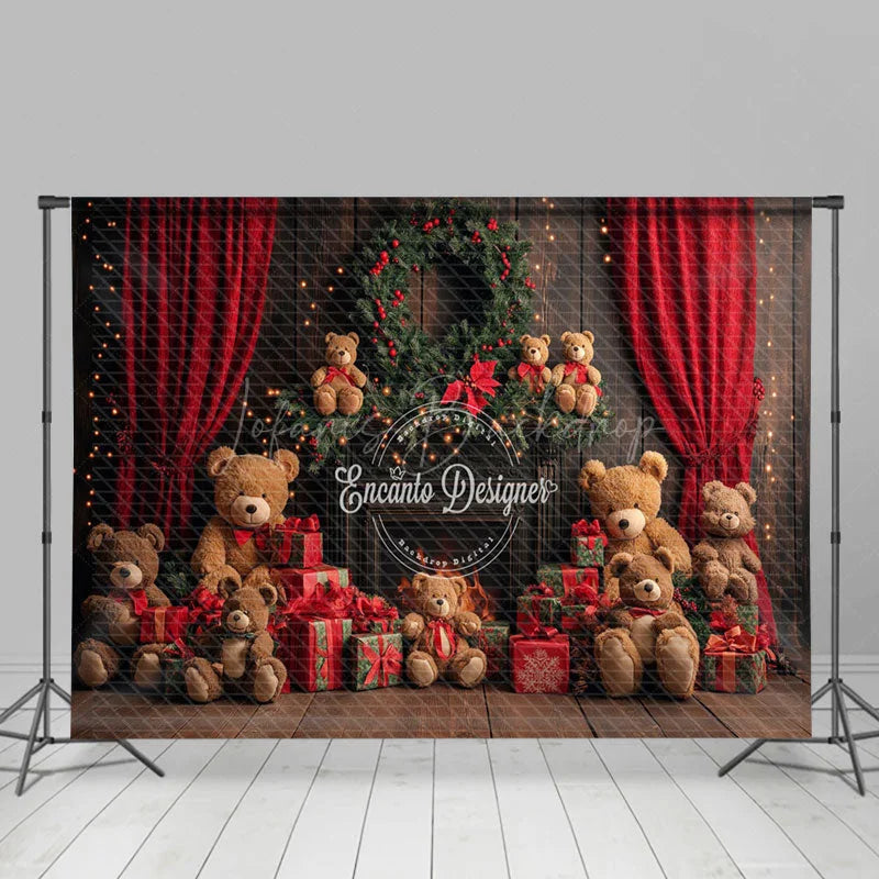 Lofaris Red Curtain Gifts Bear Wreath Christmas Vibe Backdrop