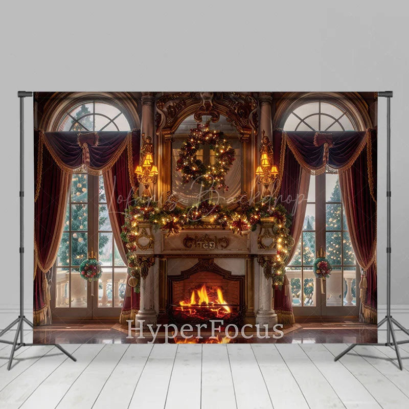Lofaris Red Curtain Window Fireplace Christmas Vibe Backdrop