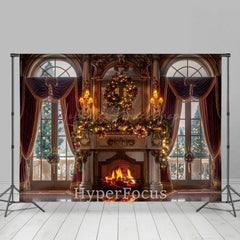 Lofaris Red Curtain Window Fireplace Christmas Vibe Backdrop