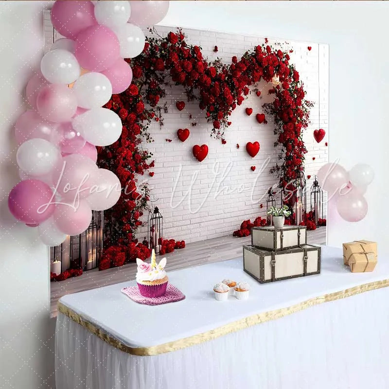 Lofaris Red Floral Heart Arch Backdrop White Brick Wall with Hanging Hearts for Valentine’s Day Wedding Romantic Party Background