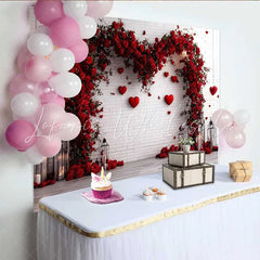 Lofaris Red Floral Heart Arch Backdrop White Brick Wall with Hanging Hearts for Valentine’s Day Wedding Romantic Party Background