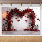 Lofaris Red Floral Heart Arch Backdrop White Brick Wall with Hanging Hearts for Valentine’s Day Wedding Romantic Party Background