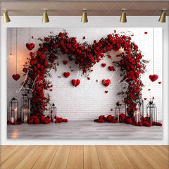 Lofaris Red Floral Heart Arch Backdrop White Brick Wall with Hanging Hearts for Valentine’s Day Wedding Romantic Party Background