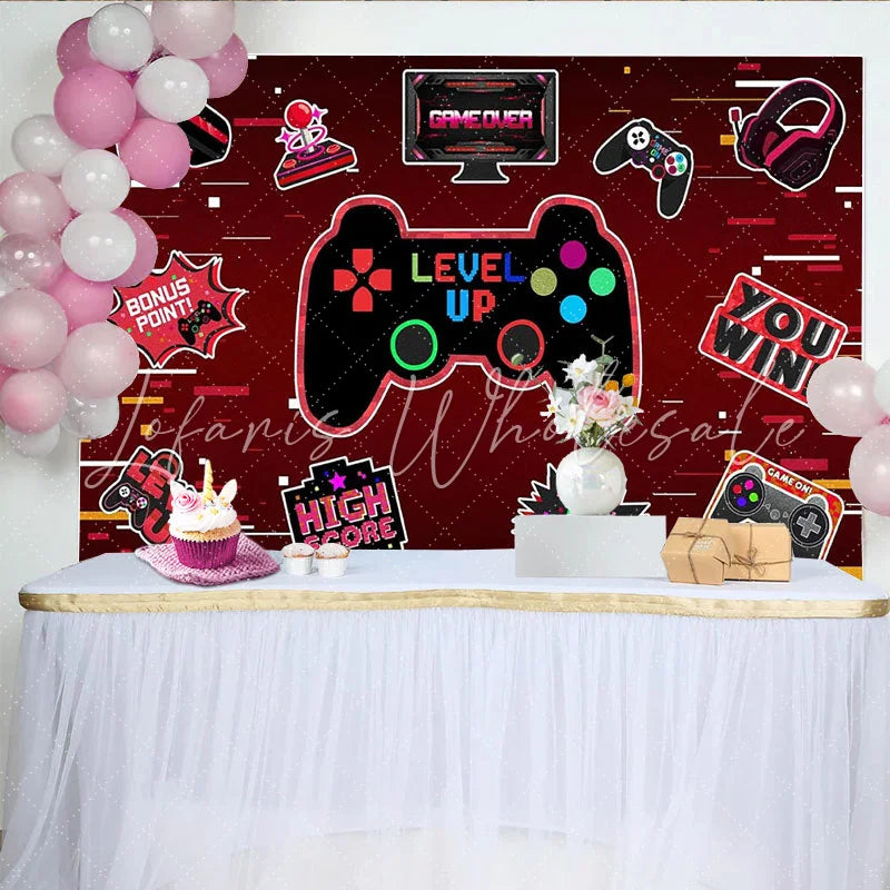 Lofaris Red Gaming Level Up Birthday Backdrop with Game Controller and Neon Lights Fun Party Background for Kids Photoshoot