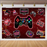 Lofaris Red Gaming Level Up Birthday Backdrop with Game Controller and Neon Lights Fun Party Background for Kids Photoshoot