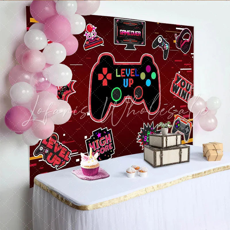 Lofaris Red Gaming Level Up Birthday Backdrop with Game Controller and Neon Lights Fun Party Background for Kids Photoshoot