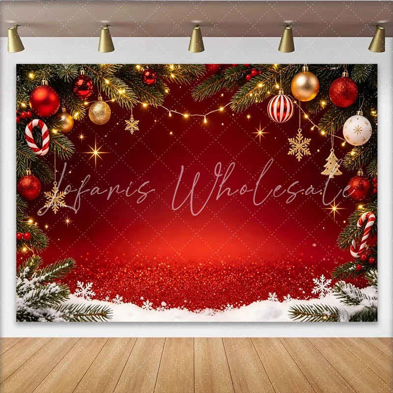 Lofaris Red Glitter Christmas Backdrop with Pine Branches and Ornaments Sparkling Holiday Background for Festive Party Decor