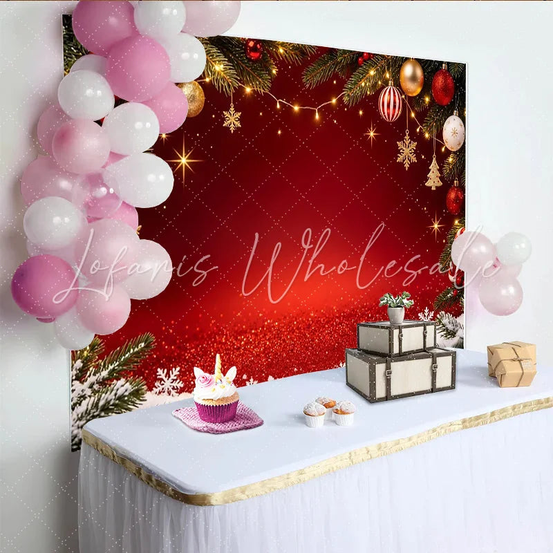 Lofaris Red Glitter Christmas Backdrop with Pine Branches and Ornaments Sparkling Holiday Background for Festive Party Decor