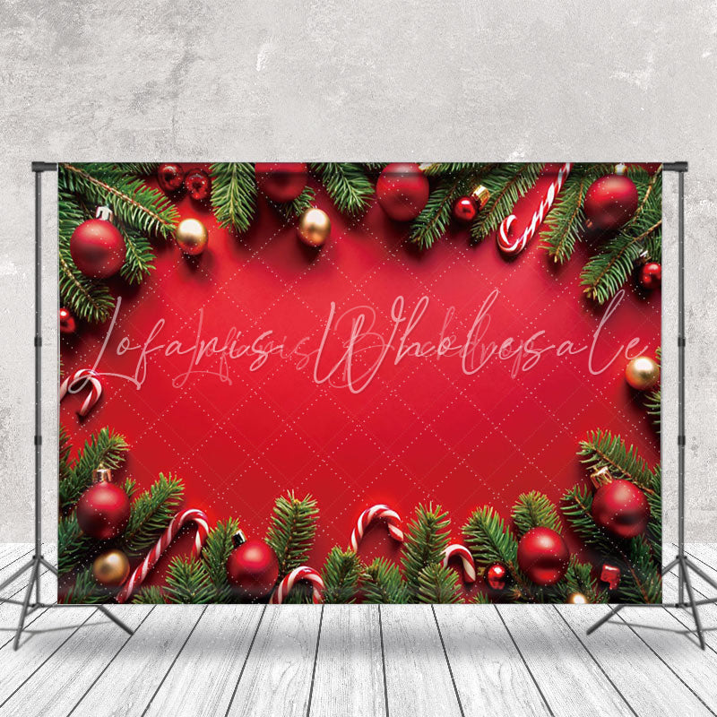 Lofaris Red Gold Bauble Candy Pine Leaves Christmas Backdrop