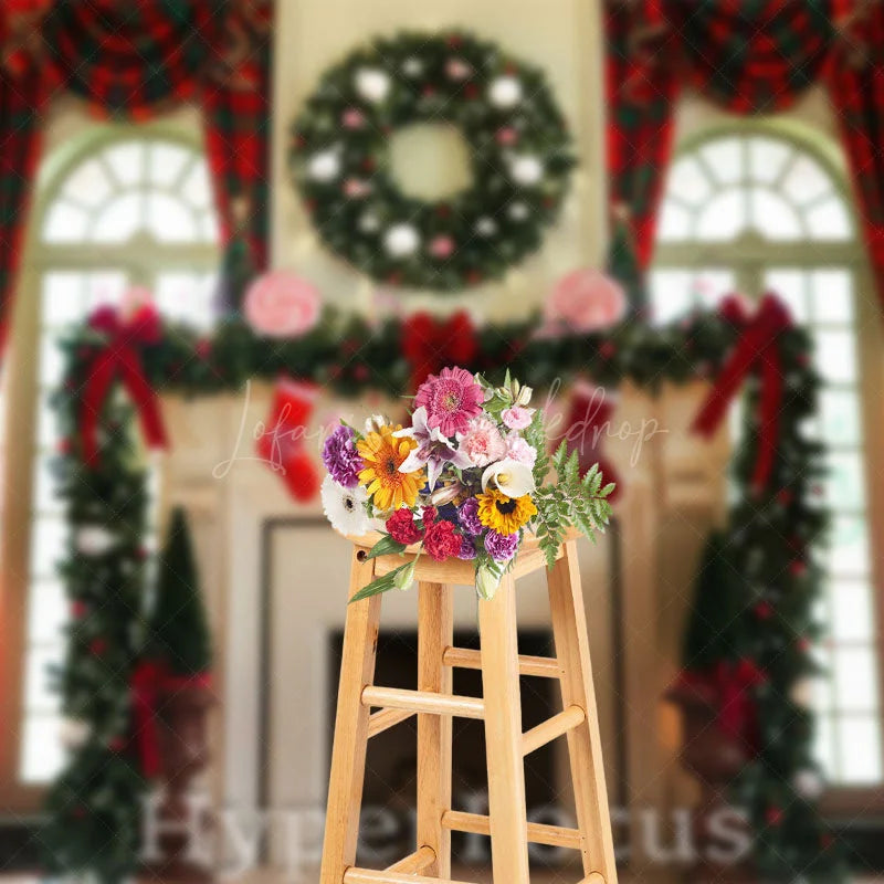 Lofaris Red Green Plaid Fireplace Window Christmas Backdrop