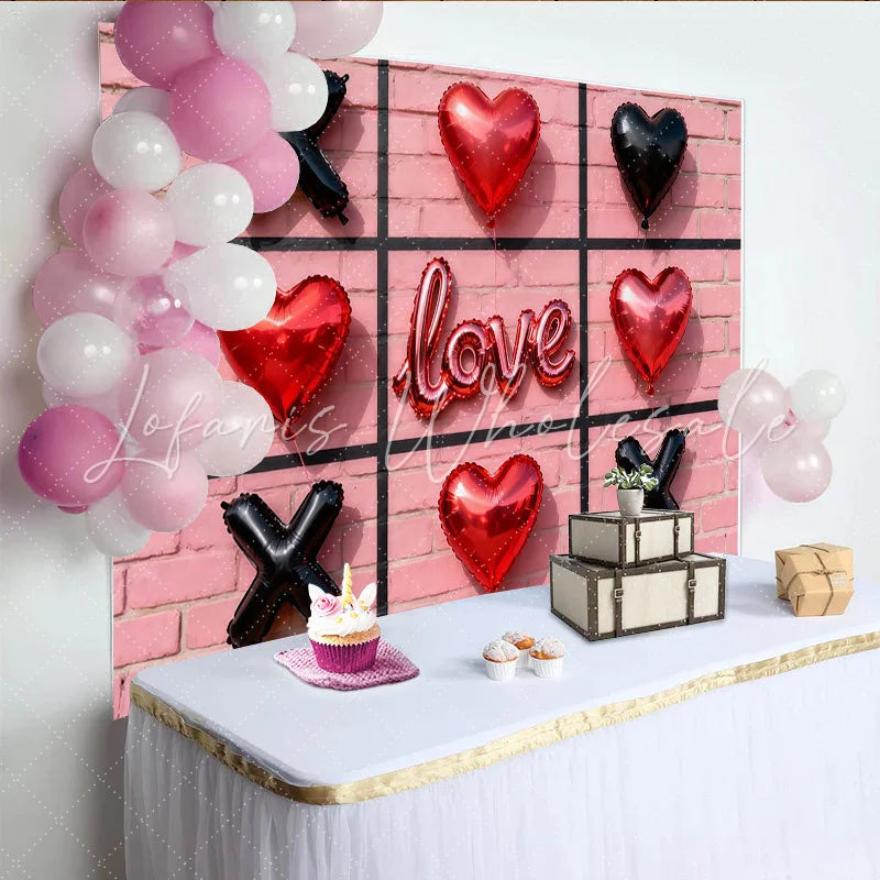 Lofaris Red Heart and Black X Balloons Love Script Party Backdrop Pink Brick Wall Tic-Tac-Toe Game Theme