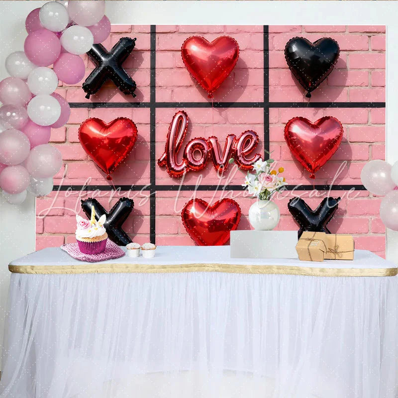 Lofaris Red Heart and Black X Balloons Love Script Party Backdrop Pink Brick Wall Tic-Tac-Toe Game Theme