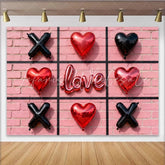 Lofaris Red Heart and Black X Balloons Love Script Party Backdrop Pink Brick Wall Tic-Tac-Toe Game Theme