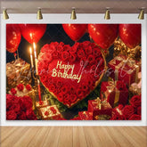 Lofaris Red Heart and Roses Happy Birthday Backdrop Elegant Gold Gifts and Balloons Party Decor