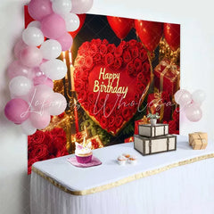 Lofaris Red Heart and Roses Happy Birthday Backdrop Elegant Gold Gifts and Balloons Party Decor